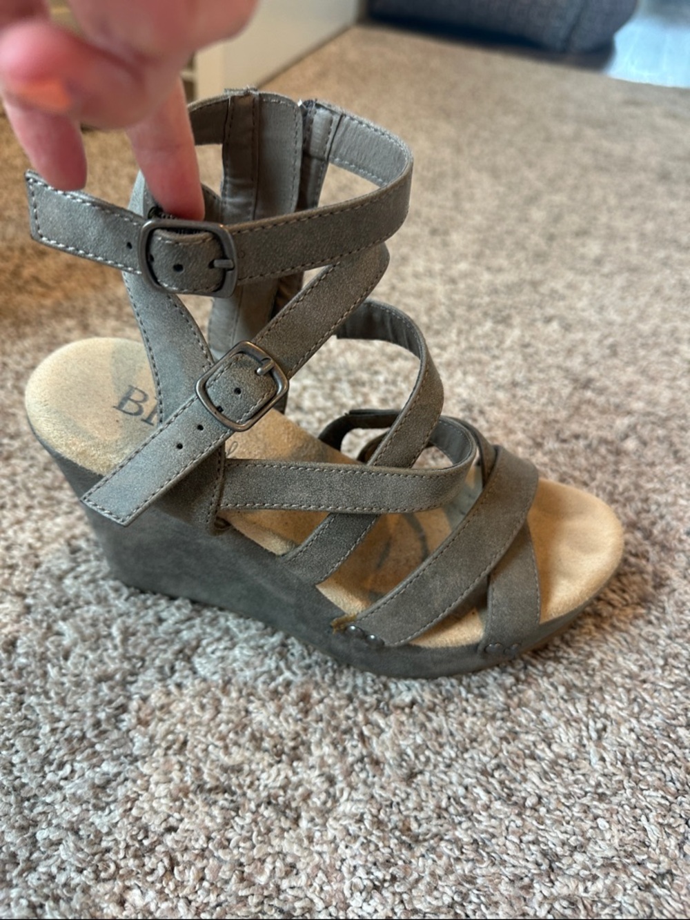 BKE Olive Gray Strappy Wedge Sandals